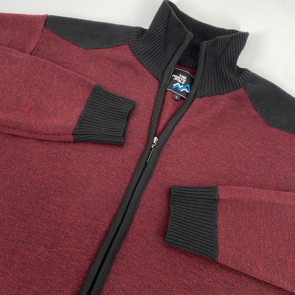 The North Pole Mens Large Full Zip Sweater Jacket Burgundy Black 90s